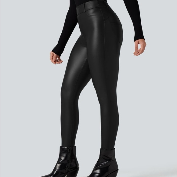 HALARA High Waisted Stretchy PU Fleece Casual Leggings with Pockets - Picture 3 of 4